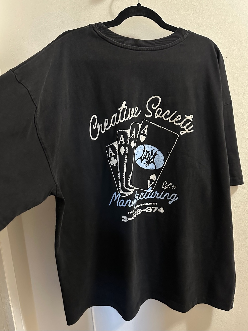 Graphic Tee with Playing Card Design in Black and Light Blue